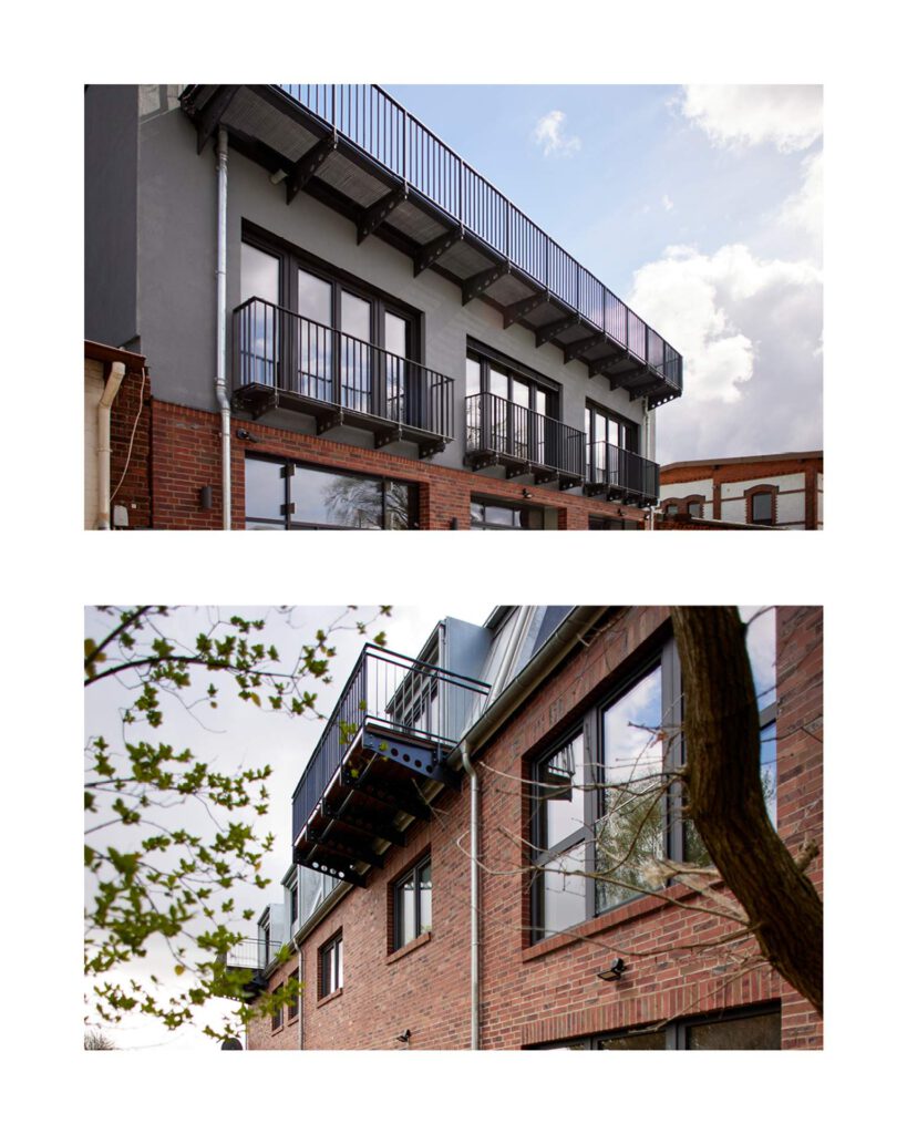 Perspektivische Aufnahme der kombinierten Fassadengestaltung aus rotem Sichtmauerwerk und moderner WDVS-Dämmung mit Balkonreihen.